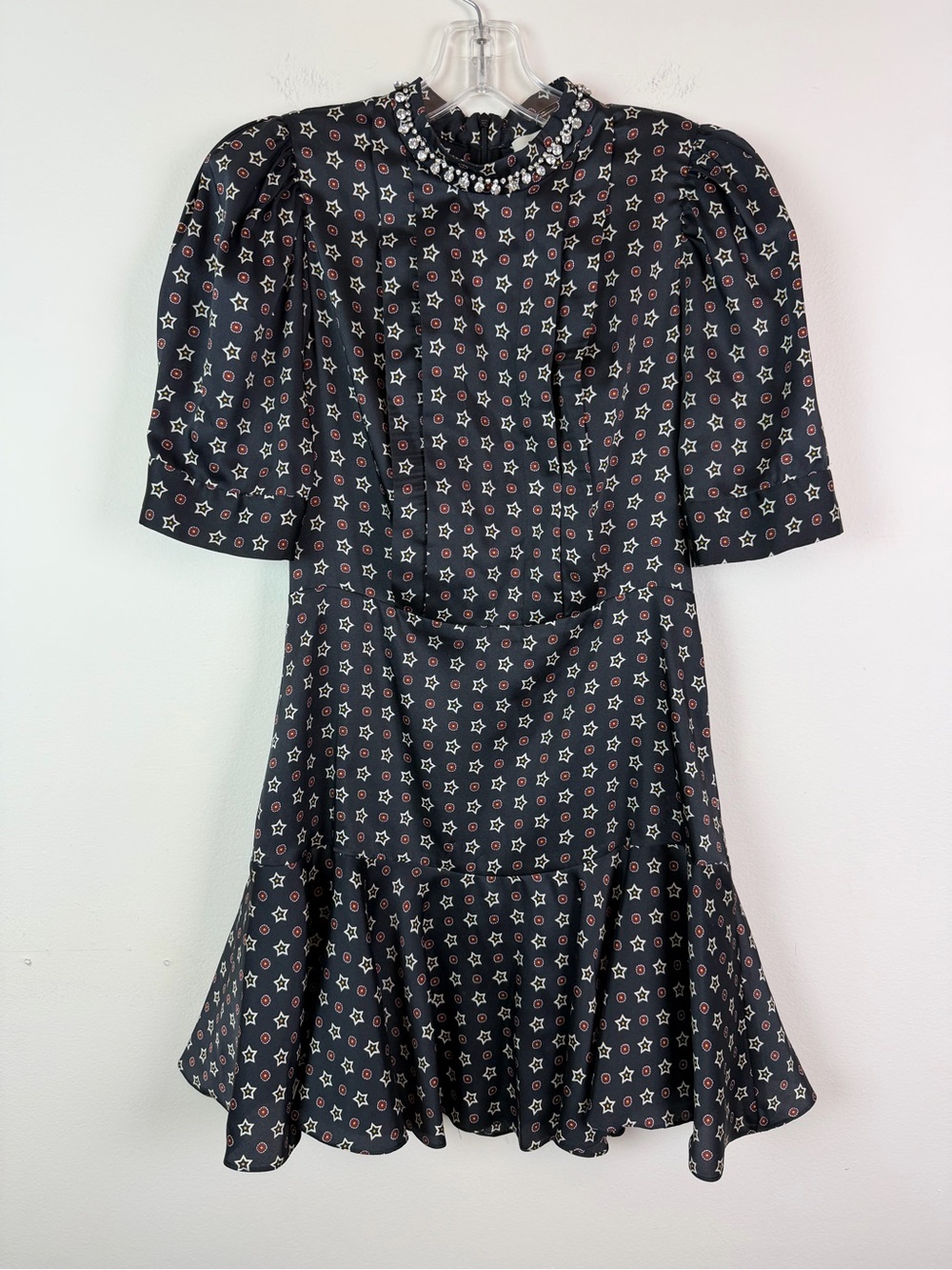 Sandro Short Star-Print Satin Dress with Rhinestone Neckline Size 36 US 4 - Picture 4 of 16